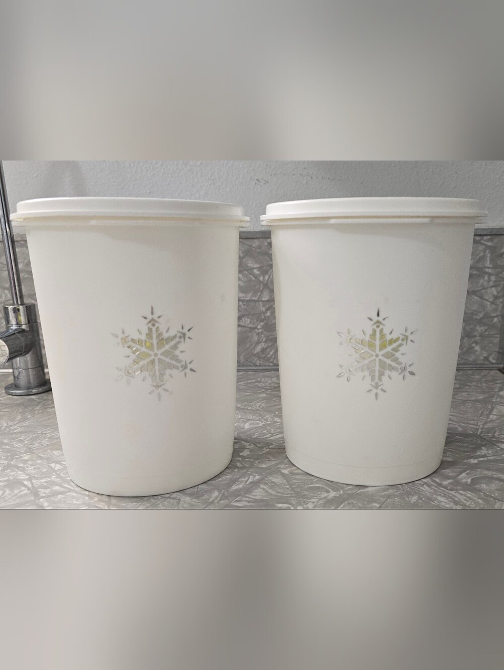 Vintage Tupperware Servalier White Snowflake Canister Set of Two With Scoop